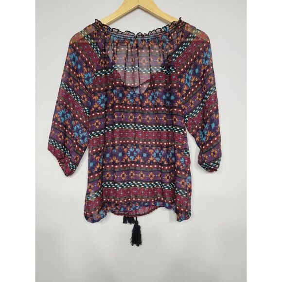Olsenboye Sheer Boho 3/4th Sleeve Top W/Tassles Size Large‎ - Picture 4 of 4